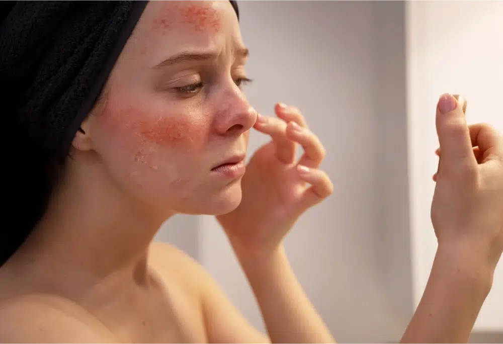 Woman examining irritated skin.